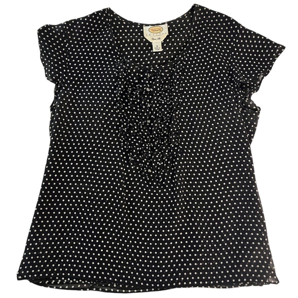 Talbots‎ Petites Black Silk Polka Dot Ruffle Front Blouse Top Size 8P